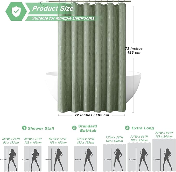 meioro Sage Green Shower Curtain, Waffle Weave 256GSM Heavy Duty Textured Fabric Shower Curtains for Bathroom Hotel Spa, Luxury Weighted Polyester Cloth Bath Curtain Set with 12 Hooks, 72Wx78H