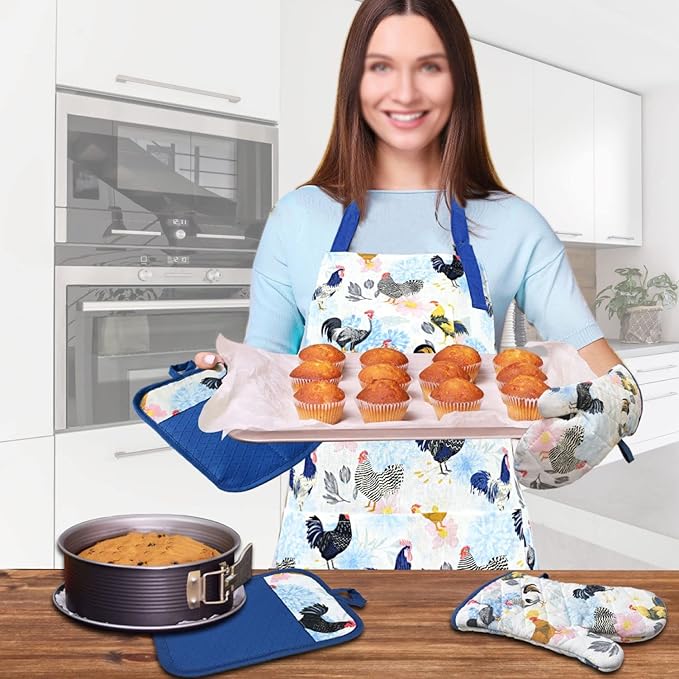 Oven Mitts and Pot Holders with Chef Apron,Set of 5 Heat Resistant Kitchen Gloves and Silicone Non-Slip Potholders Adjustable Neck Buckle Chef Apron, Cotton Nice Design for Cooking (Rooster)