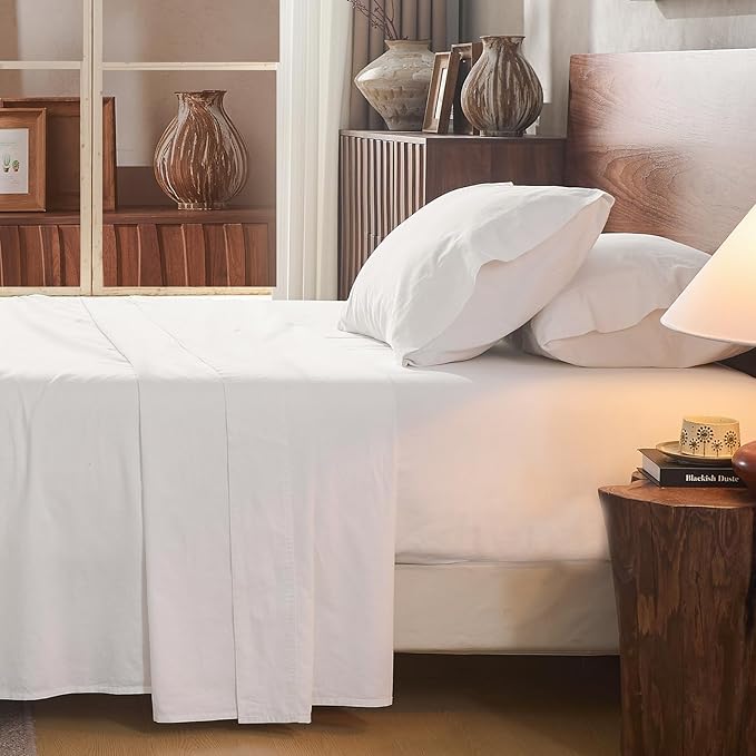 100% Linen Sheet Set Queen Size Extra Deep Pocket Fits 18-24 Inch Mattress, Breathable & Soft, Smooth 4-Piece Set for Thick Mattresses Hotel Luxury Bedding（Queen, White）