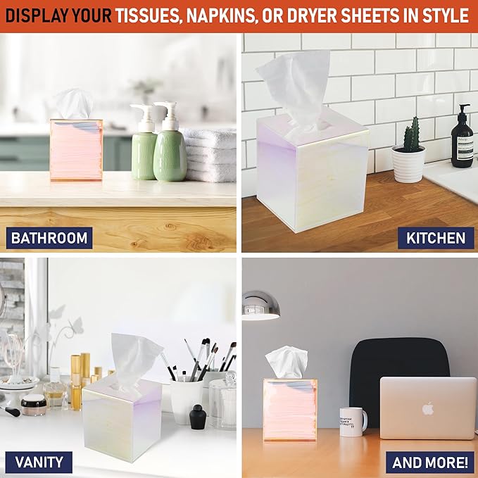 Acrylic Tissue Box Holder, Clear Dispenser for Facial Tissues, Napkins, and Dryer Sheets. Perfect for Bathrooms, Desks, Countertops, Vanities, Bedrooms, and Nightstands (Square, Iridescent)