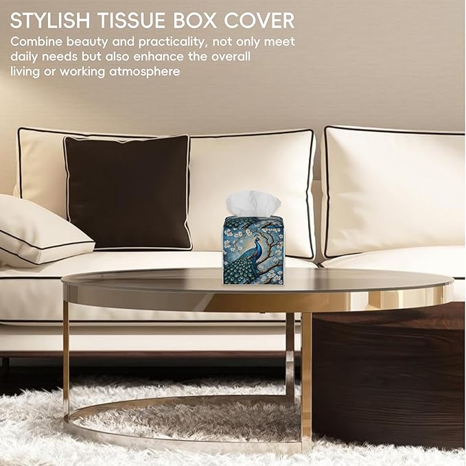 Tissue Box Cover Leather Tissue Box Holder Cube Tissue Case Cover Facial Paper Organizer Dispenser for Bathroom, Vanity Countertop, Office Desk (Peacock Perched on Branch with Flowers)