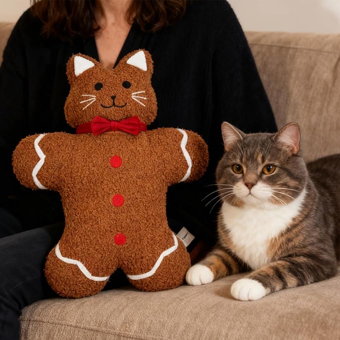 VigorSpring Gingerbread Cat Plush Pillows - Soft Teddy Fleece Stuffed Cushion, Cute Animal Shaped Pillow for Kids Girls Women, Perfect for Sofa Bed Office Living Room Decor and Birthday Gift (Brown)