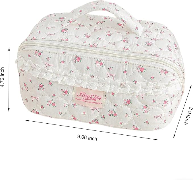 HiTotes Travel Makeup Bag Coquette Floral Cosmetic Bag Quilted Wide Open Lay Flat Toiletry Bag Cute Travel Makeup Pouch