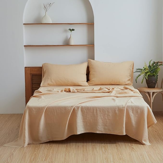 Simple&Opulence Washed Linen Bed Sheet Set Basic Style 4 Pieces (1 Flat Sheet & 1 Fitted Sheet & 2 Pillowcases) 100% Natural French Flax Soft Breathable Farmhouse Bedding (Queen, Sand)