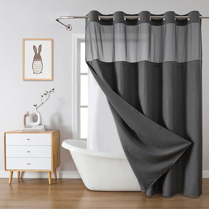 eachope Charcoal Grey No Hook Waffle Weave Shower Curtain with snap-in Liner Replacement, 230GSM Waterproof Fabric Hotel Shower Curtain Set for Bathroom, Through Mesh Top Window,71Wx77H