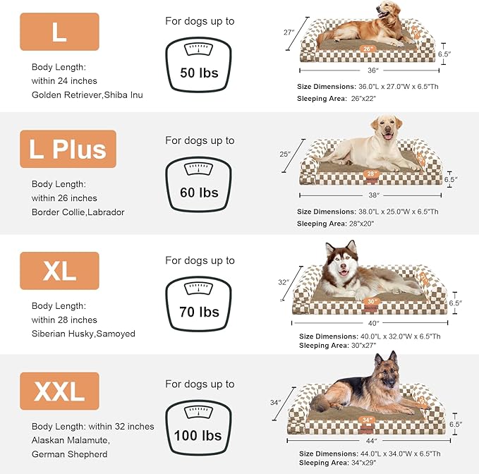 Large Dog Bed Orthopedic Washable: Beds Bolster XL Bed Large Big Dogs Egg Crate Foam Couch Sofa Waterproof with Removable Cover - Brown Grid