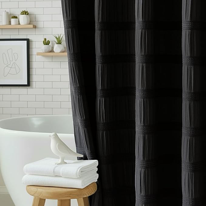 Lameirose Extra Long Black Shower Curtain Farmhouse,72 x 78 Cotton Blend Waffle Tufted Striped Chic Textured Fabric Shower Curtain for Bathroom, Hotel, Washable