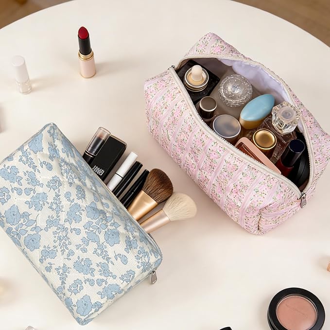 Gosect 2 Pack Floral Makeup Bag, Cute Cosmetic Bag for Women Girls, Quilted Cotton Make up Pouch, Travel Makeup Bags, Portable Storage Toiletry Organizer Bag(Pink+Blue Floral)