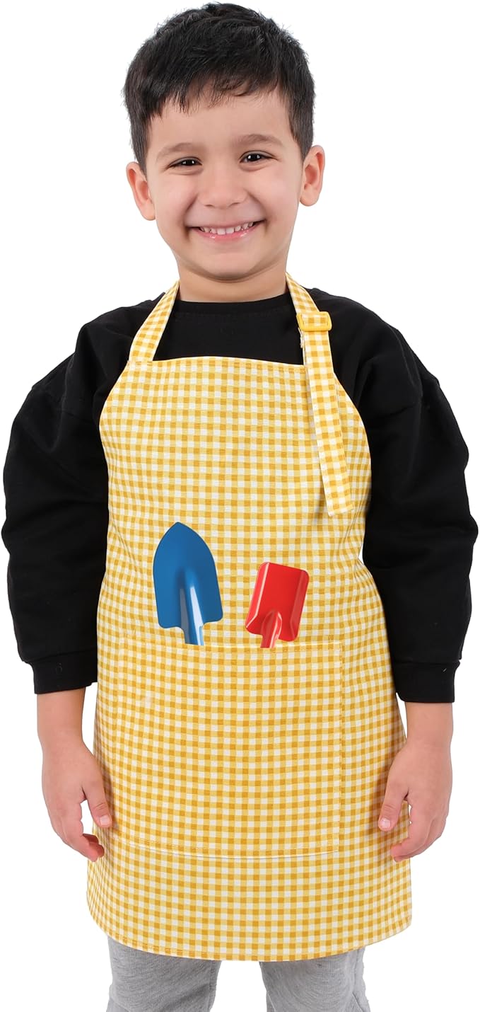 Kids Aprons for Cooking Waterdrop Resistant Aprons for Girl & Boy Toddler Apron for Painting, Gardening, Baking, Smock (Plaid Yellow, Small (3-5 years))