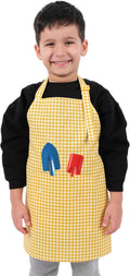 Kids Aprons for Cooking Waterdrop Resistant Aprons for Girl & Boy Toddler Apron for Painting, Gardening, Baking, Smock (Plaid Yellow, Small (3-5 years))
