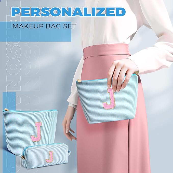 Btffitting Monogrammed Gifts for Women - Cosmetic Bag for Teen,Initial Cute Makeup Bag Set for Women,Trendy Pouch for Niece Sister Friend Female Her,Birthday Gifts for Daughter - Blue,J