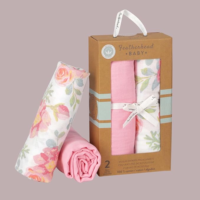 Featherhead™ 100% Cotton Muslin Swaddle Blankets for Baby Girl - Large 47”x 47” - Pre-Washed, Soft, & Breathable - Newborn Essential & Perfect Baby Registry Gift (2 Pack - Garden Floral)