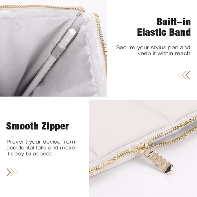 Moko 12.9 Inch Tablet Sleeve Case, Puffy Tablet Bag Fit with iPad Pro 6th/5th/4th 12.9 inch, Surface Pro 9/8 13", New Galaxy Tab S9+/S8+ 12.4, Built-in Elastic Band, PU Leather Carrying Case, White
