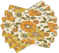 Vintage Floral Placemats, Orange 70s Rustic Natural Hippy Boho Floral Plant Print Washable Fabric Placemats Table Kitchen Dining Party 12x18 Inch Set of 6
