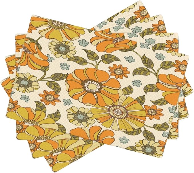 Vintage Floral Placemats, Orange 70s Rustic Natural Hippy Boho Floral Plant Print Washable Fabric Placemats Table Kitchen Dining Party 12x18 Inch Set of 6