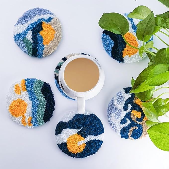 Allazone Punch Needle Kits, Punch Needle Coasters Kit, Punch Embroidery Kit with Felt Yarns Hoop Tools for DIY Coaster Crafts (Mountains and Rivers)