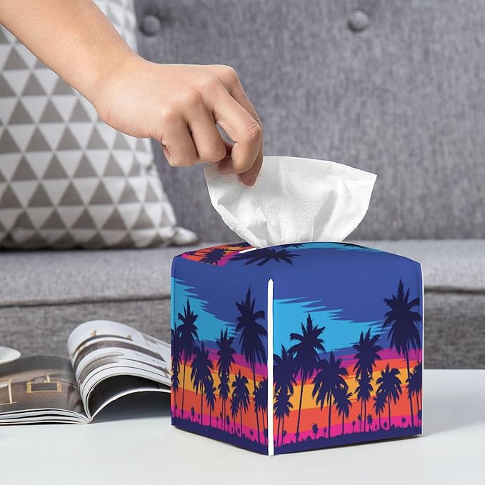 POIUBLE Leather Tissue Box Holder Palm Trees at Sunset Tissue Box Cover Square Waterproof Tissue Holder Organizer Modern Napkin Holder for Bedroom Dresser Night Stand Office Desk