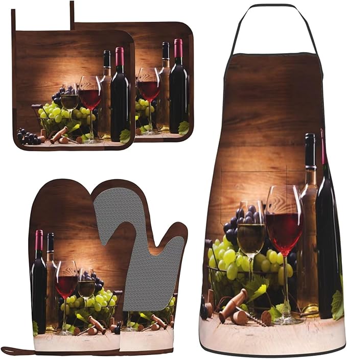 Vintage Glasses Wine Grapes Oven Mitts and Pot Holders with Apron Set of 5 Silicone Kitchen Mitten Gloves and Non-Slip Potholders Apron Set Heat Resistant Oven Gloves Hot Pads for Kitchen