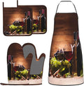 Vintage Glasses Wine Grapes Oven Mitts and Pot Holders with Apron Set of 5 Silicone Kitchen Mitten Gloves and Non-Slip Potholders Apron Set Heat Resistant Oven Gloves Hot Pads for Kitchen