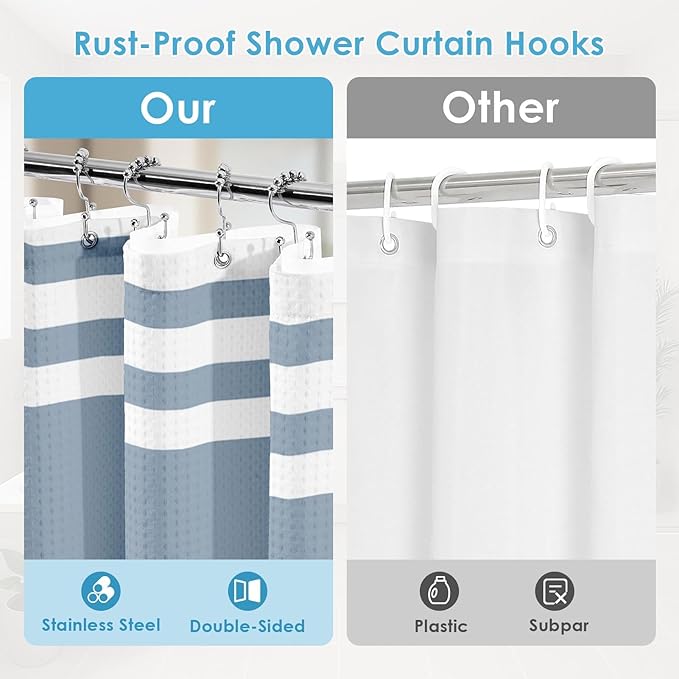 Nesphy Shower Curtain and Liner, Blue Striped 3 in 1 Shower Curtain and PEVA Liner Set with 12 Rust-Resistant Metal Hooks, Waterproof Fabric Shower Curtains for Bathroom, 72 W x 72 H