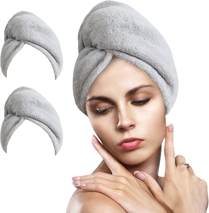 AGLIFEFY 2 Pack Microfiber Hair Towel Wrap for Women Super Absorbent Quick Dry Hair Turban for Drying Curly, Long & Thick Hair 10 inch X 26 inch Lightgrey+Lightgrey