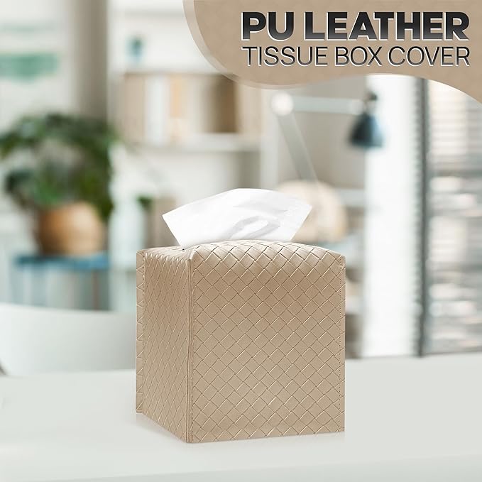 Tissue Box Cover Holder, PU Leather Tissue Box Cover with Braided Pattern, Square Tissue Holder with Bottom Belt, Modern Organizer for Bathroom, Car, Office,(Wood Grain Apricot, 12 Braided Patterns)