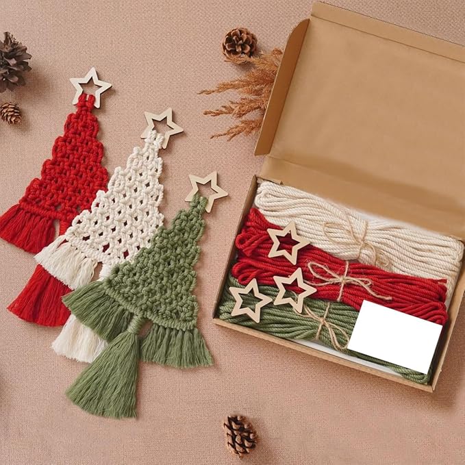 Macrame Kit for Beginners with Step by Step Video Tutorials DIY Christmas Tree Wall Hanging Craft Kit for Adults Kids Family Festive Holiday Activity Creative Boho Home Decor Unique Gift Idea (B)
