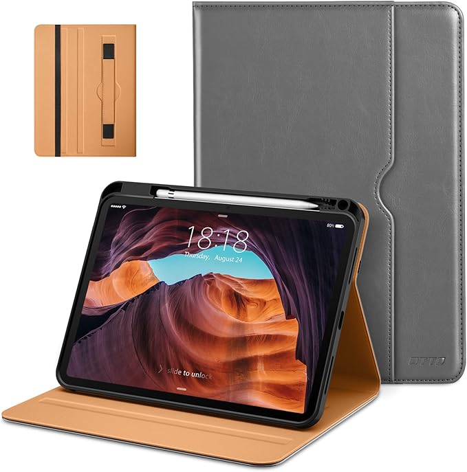 DTTO for iPad (A16) 11th Generation Case 11 Inch 2025, iPad 10th Generation Case 10.9 Inch 2022, Premium Leather Business Folio Stand Cover with Pencil Holder - Auto Wake/Sleep, Gray