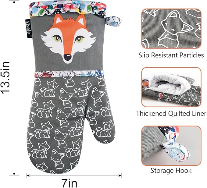 Oven Mitts, Heat Resistant Kitchen Mittens with Soft Quilted Cotton Lining Set of 2, Fashion Animal Design with Silicone Printing Anti-Slip Gloves for Baking Cooking Barbecue (Gray 2)
