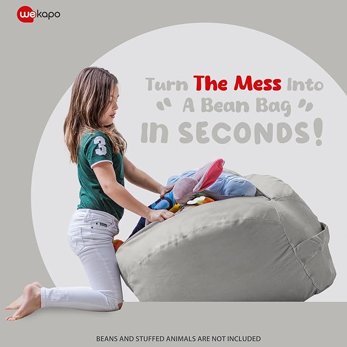 WEKAPO Stuffed Animal Storage Bean Bag Chair Cover for Kids | Stuffable Zipper Beanbag for Organizing Children Plush Toys Large Premium Cotton Canvas (Solid Grey, XX-Large)