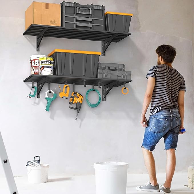 Jusgym 2-Pack 1.5x4ft Garage Shelving Wall Mounted, 1.5' x 4' Heavy Duty Garage Storage Shelves with Hooks, 400LB Capacity