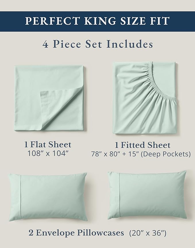 LANE LINEN 100% Organic Cotton Sheets King Size, 15" Deep Pocket Fully Elasticized Soft & Comfy Percale Bedding, Eco Friendly Naturally Temperature Regulating Cotton Sheets King- Cool Blue