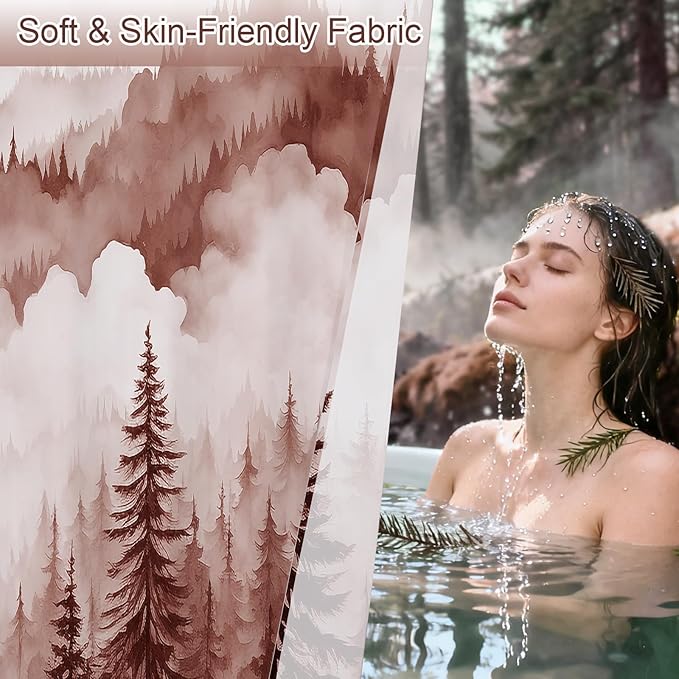 Litabel Burgundy Misty Pine Forest Shower Curtain, Mountain Foggy Woodland Scenery Tree Shower Curtains for Chic Rustic Bathroom, Abstract Modern Waterproof Nature-Themed Decor, 72x72 Inches