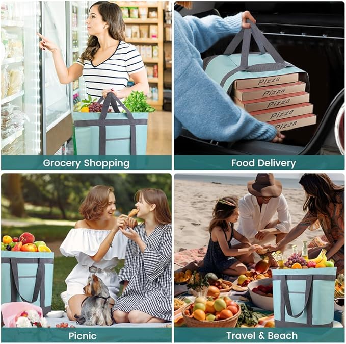 mosago Reusable Grocery Tote Bags, Insulated Cooler Shopping Bag for Women/Men, Pizza/Food Delivery Bags to Keep Food Hot/Cold for Commercial Food Transport, Cooler Bag for Travel/Beach/Picnic, Green