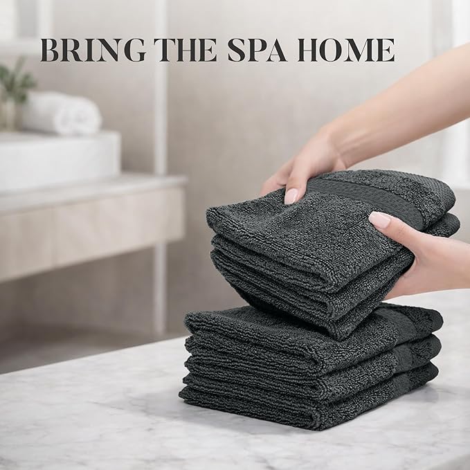 RIVERSIDE 12 Pack Premium 100% Cotton Face Wash Cloths, 12 x 12 Inches, Soft & Absorbent Face Towels for Bathroom Wash Clothes, 550 GSM, Luxury WashCloths for Showering, Body, Spa & Gym, Grey