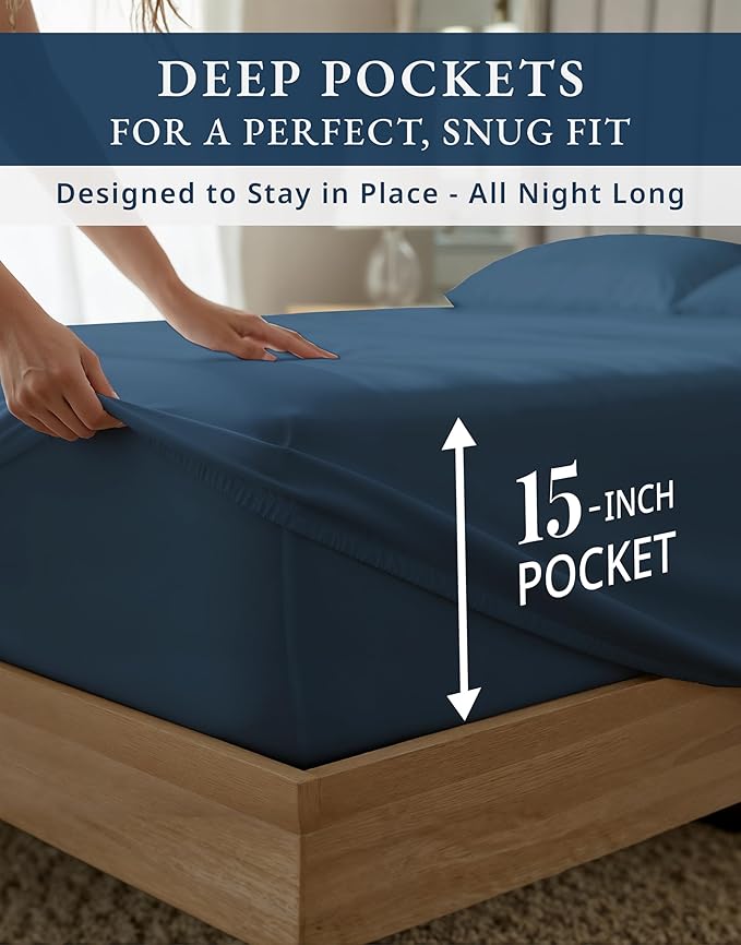 LANE LINEN 100% Cotton Bed Sheets Twin Size - 1000 Thread Count, Long Staple Mercerized Cotton Bedding Sheets, Luxury Hotel Like Thick 15" Deep Pocket Sheets Set, Reinforced French Seams -Estate Blue