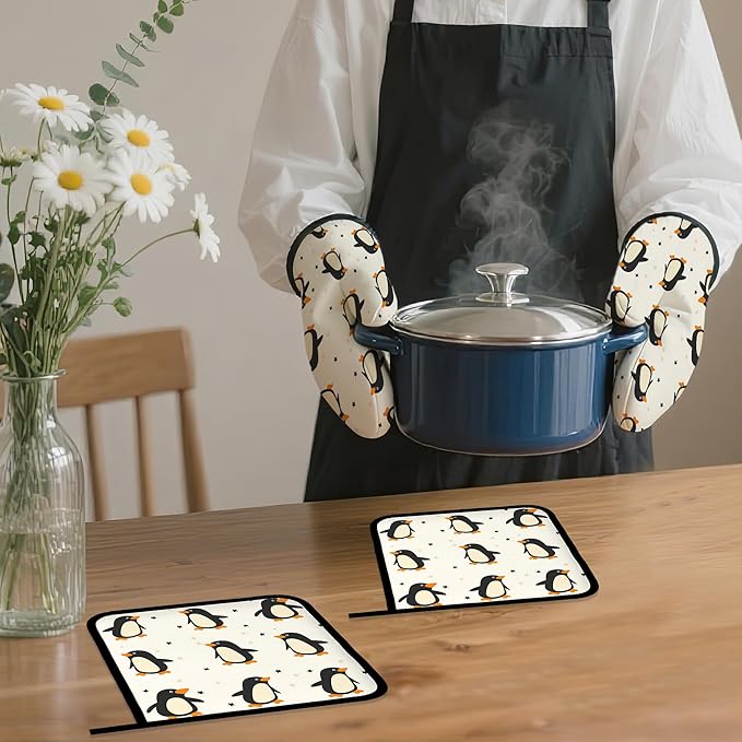 Cute Penguin Oven Mitts and Pot Holders Set,Kitchen Decor Heat Resistant Non Slip Hot Pads and Oven Mitt for Chef Cooking Baking BBQ Mom Girl Gifts(4 Piece Set)