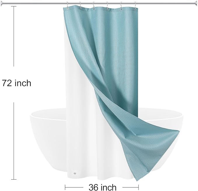 Craidlela 3 in 1 Stall Half Size Shower Curtain Set-36 W x 72 H, Teal Blue Waffle Waterproof Fabric and PEVA Liner Set with Stainless Steel Hooks