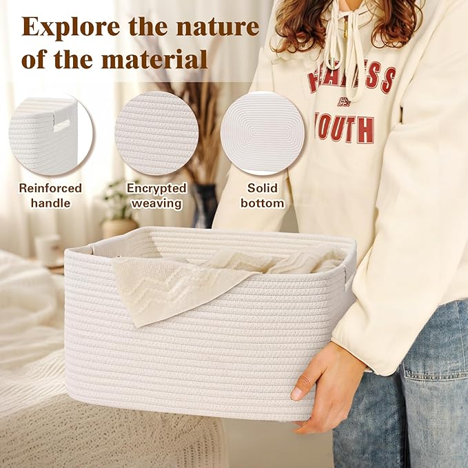 3 Pack Large Storage Basket for Organizing, 17.5"x13.5"x7.5" Woven Basket for Shelves, Closet Cube Storage Bins with Wrapped Handle, Cotton Rope Baskets for Kitchen, Clothes, Toys(Off White)