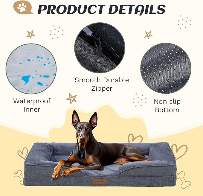 OUPEIWAWA Extra Large Dog Bed Orthopedic with Bolster Sides Removable Egg-Crate Foam Waterproof Liner Pet Bed Sofa Couch with Removable Washable Cover Non-Slip Bottom, Dark Gray