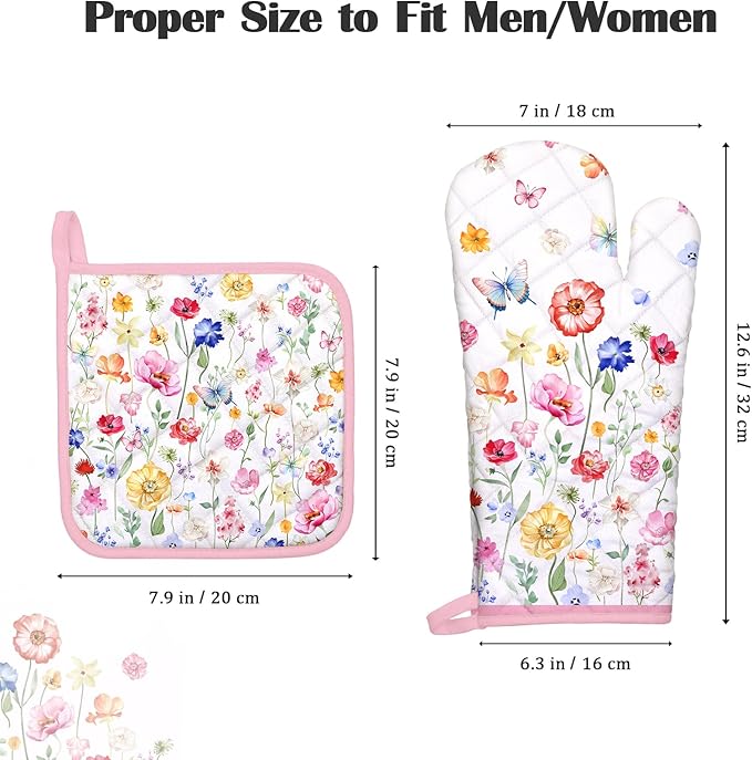Wildflower Oven Mitts and Pot Holders Sets 4Pcs, 100% Cotton Heat Resistant, Extra Long Oven Gloves Potholder for Kitchen Cooking Baking Decoration