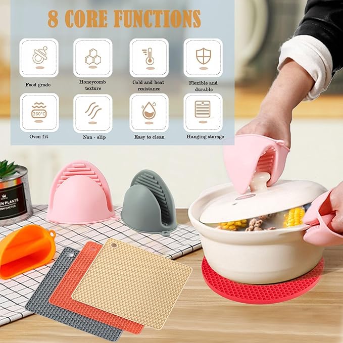 Pot Holders with Silicone Oven Gloves Pair, Non-Slip Heat Resistant Flexible Silicone Trivets, Oven Mitts and Trivets for Kitchen, Spoon Holder, Jar Opener, Green & Pink