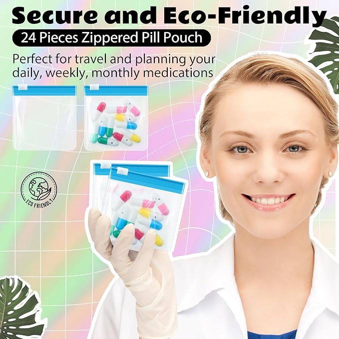 24 Pieces Pill Pouch Bags Zippered Set Reusable Translucent Medicine Organizer Sealing Travel Plastic Bags with Slide Lock for Storage(Light Blue)