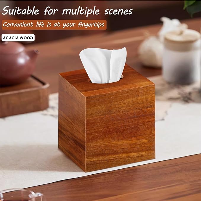 BIBELUN Square Tissue Box Cover,Acacia Wood Tissue Box Holder for Desktop Nightstand Bathroom Office,Decorative Facial Tissue Cube Box Cover/Organizer for Modern Home Decor
