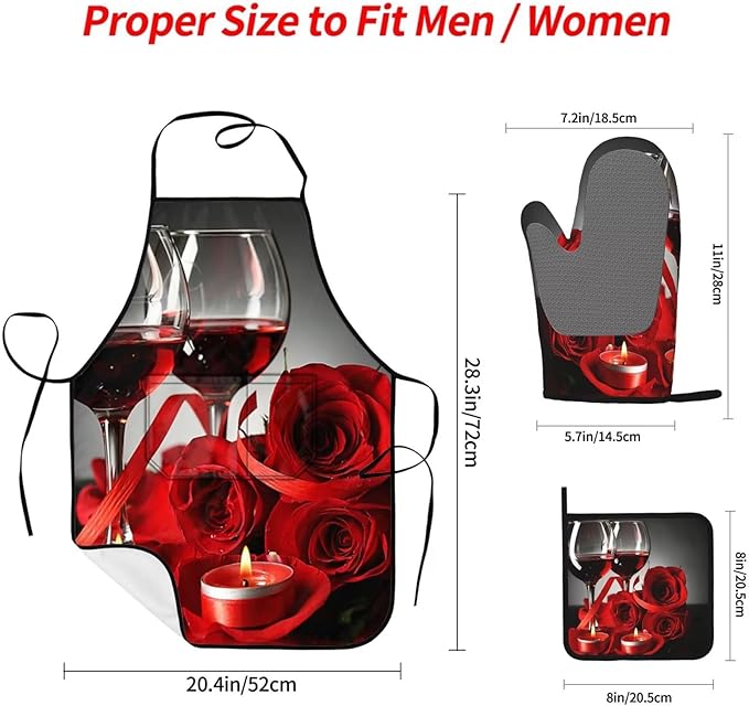 Rose Oven Mitts and Pot Holders with Apron Set of 5 Silicone Red Rose Wine Glass and Candle Kitchen Mitts and Non-Slip Potholders Apron Set Heat Resistant Oven Gloves Hot Pads for Cooking