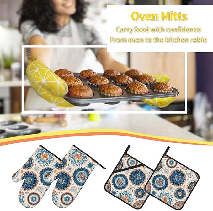 Oven Mitts and Pot Holders Sets of 4 Vintage Mandala Flower Kitchen Potholder Gloves Heat Resistant Non-Slip for Chef Baking Cooking Grilling BBQ Mittens