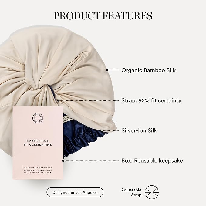 Essentials by Clementine Organic Hair Bonnet in Champagne Sunset | Silver Ion Silk Lined Bamboo Sleep Cap for Frizz-Free, Curly Hair, and Scalp Health