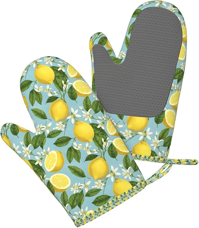 Heat Resistant Oven Mitts 2 Pack, 500°F Silicone Oven Gloves with Non-Slip Grip, Soft Quilted Cotton Lining for Baking, Grilling, BBQ, Cooking (Lemon)