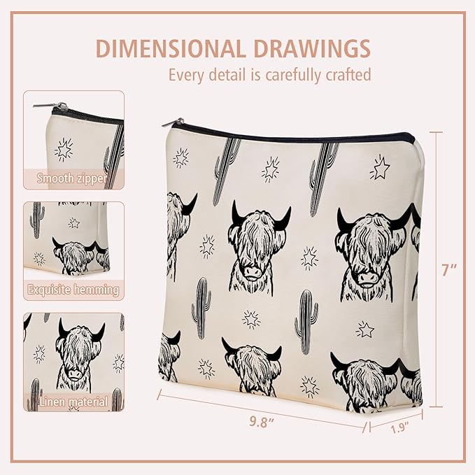 Girlly Western Cow Gifts Makeup Bag: Versatile Highland Cow -Themed Cosmetic Bags，Perfect for Teen Girls, Women & Cowgirl Stuff - Ideal Gift for Travel, Parties, Birthdays, Christmas.