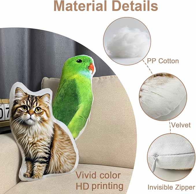 Wucidici Custom Pet Pillow with Picture, Personalized Photo Dog Cat Face Shaped Pillow, Customized Stuffed Animal Pictures Pillows Memorial Loss Sympathy Gifts - 14"